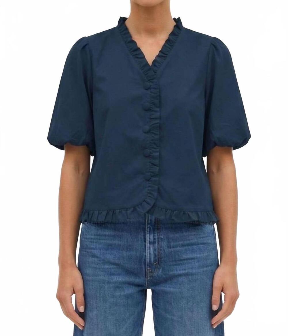 NEW NAKED ZEBRA ruffle detail bubble sleeve top in true navy
